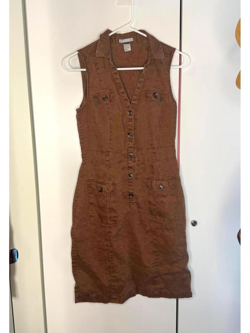 100% Linen H&M Brown Sleeveless Button-Front Midi Dress Size 6